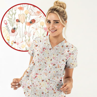 Cute Nurse Wildflower Ladybug Garden Pattern Scrub Top, Comfortable Scrubs for Nurses