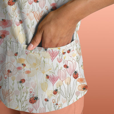 Cute Nurse Wildflower Ladybug Garden Pattern Scrub Top, Comfortable Scrubs for Nurses