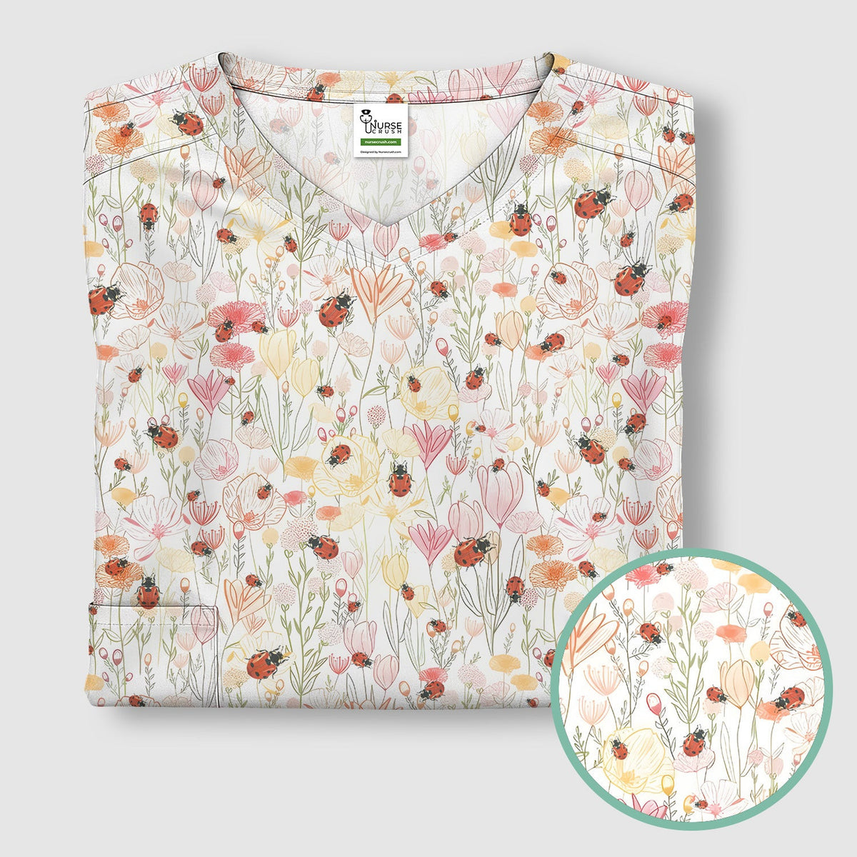 Cute Nurse Wildflower Ladybug Garden Pattern Scrub Top, Comfortable Scrubs for Nurses