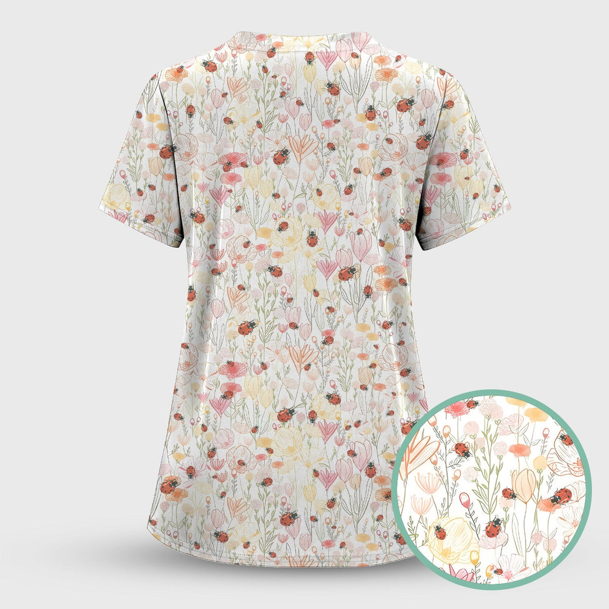 Cute Nurse Wildflower Ladybug Garden Pattern Scrub Top, Comfortable Scrubs for Nurses