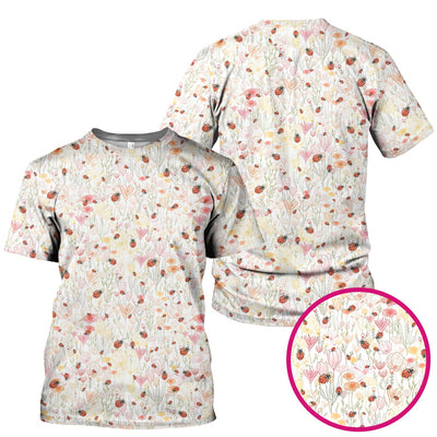 Cute Nurse Wildflower Ladybug Garden Pattern Scrub Top, Comfortable Scrubs for Nurses