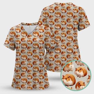 Cute Hamster Pattern Nurse Scrub Top, Comfortable Scrubs for Nurses