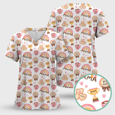 Sweet Nurse Mama Rainbow Trophy Heart Pattern Scrub Top, Comfortable Scrubs for Nurses