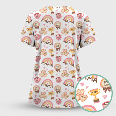 Sweet Nurse Mama Rainbow Trophy Heart Pattern Scrub Top, Comfortable Scrubs for Nurses
