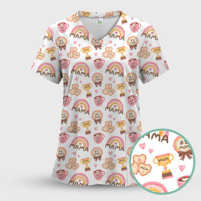 Sweet Nurse Mama Rainbow Trophy Heart Pattern Scrub Top, Comfortable Scrubs for Nurses