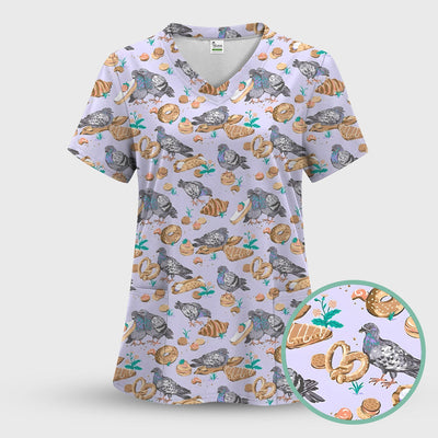 Funny Pigeon Bread Snack Nurse Pattern Scrub Top, Comfortable Scrubs for Nurses