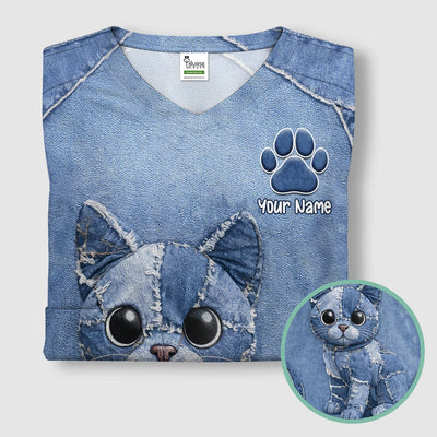 Personalized Patchwork Denim Cat Nurse Pattern Scrub Top, Breathable Fabrics Nursing Uniform