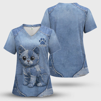 Personalized Patchwork Denim Cat Nurse Pattern Scrub Top, Breathable Fabrics Nursing Uniform