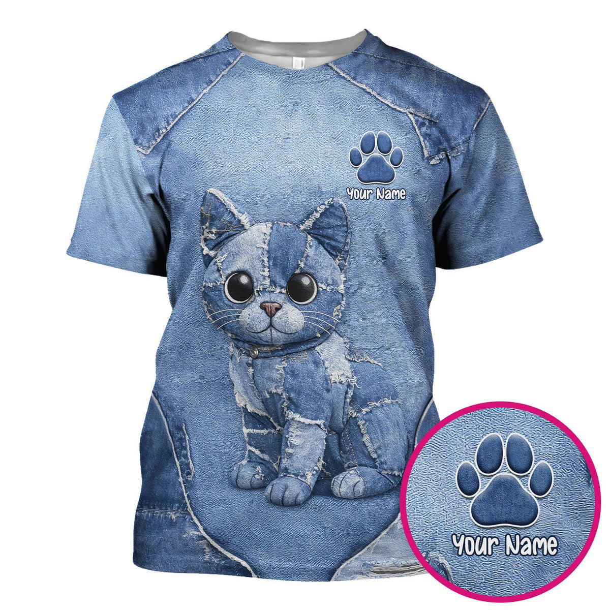 Personalized Patchwork Denim Cat Nurse Pattern Scrub Top, Breathable Fabrics Nursing Uniform