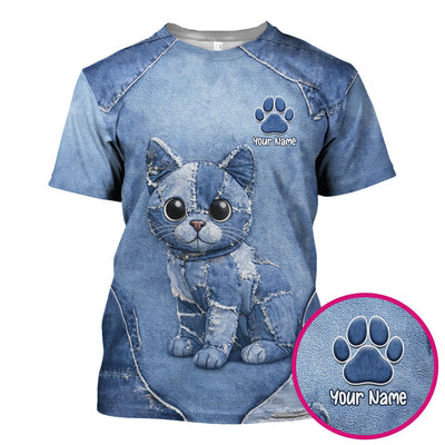 Personalized Patchwork Denim Cat Nurse Pattern Scrub Top, Breathable Fabrics Nursing Uniform