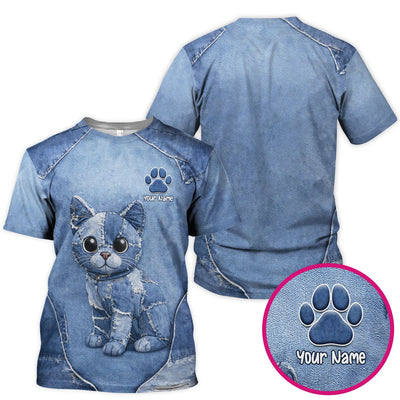 Personalized Patchwork Denim Cat Nurse Pattern Scrub Top, Breathable Fabrics Nursing Uniform