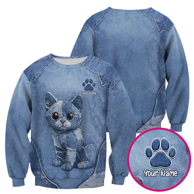 Personalized Patchwork Denim Cat Nurse Pattern Scrub Top, Breathable Fabrics Nursing Uniform