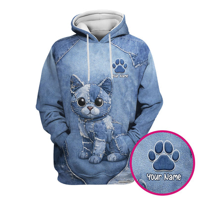 Personalized Patchwork Denim Cat Nurse Pattern Scrub Top, Breathable Fabrics Nursing Uniform