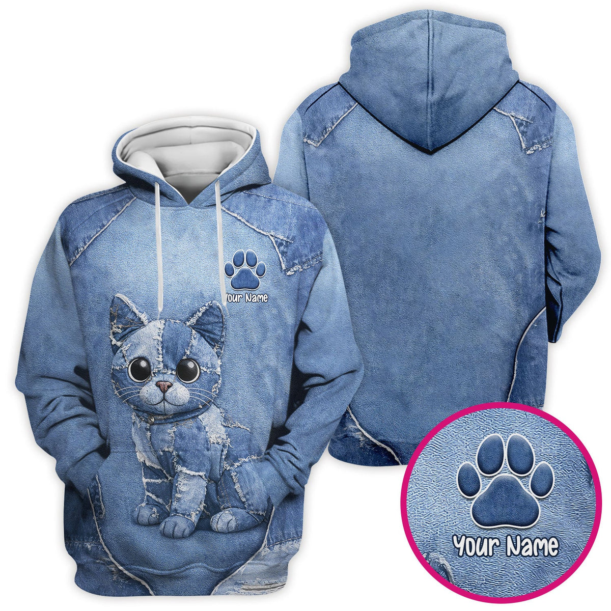 Personalized Patchwork Denim Cat Nurse Pattern Scrub Top, Breathable Fabrics Nursing Uniform