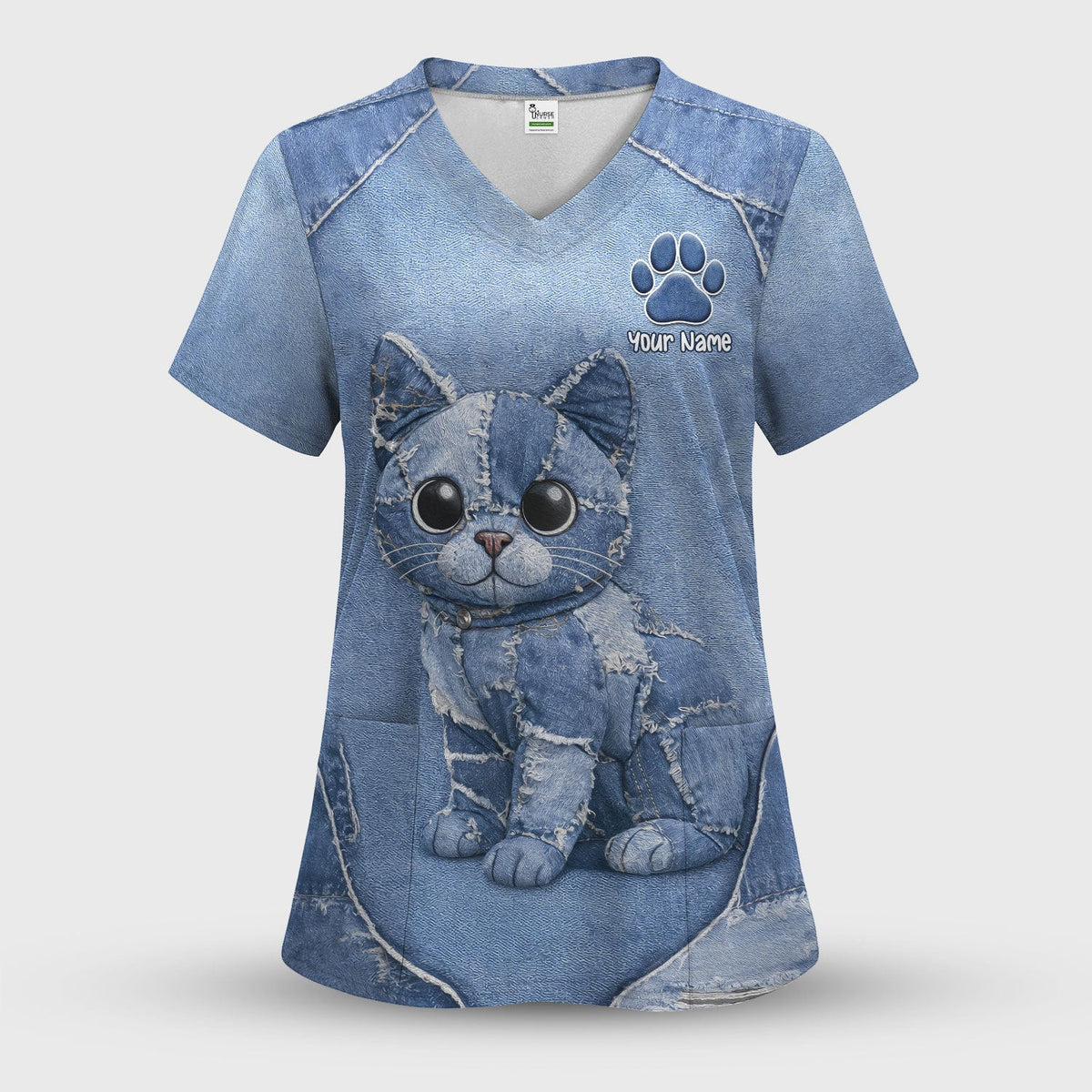 Personalized Patchwork Denim Cat Nurse Pattern Scrub Top, Breathable Fabrics Nursing Uniform