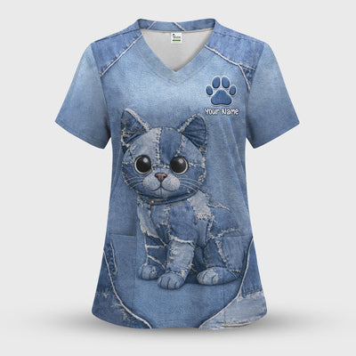 Personalized Patchwork Denim Cat Nurse Pattern Scrub Top, Breathable Fabrics Nursing Uniform