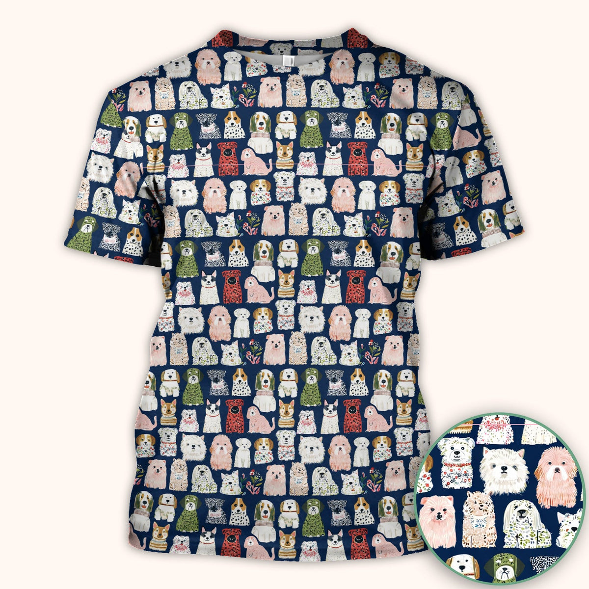 Cute Cartoon Dog Breeds Pattern Scrub Top, Comfortable Scrubs for Nurses