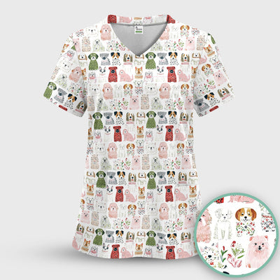 Cute Cartoon Dog Breeds Pattern Scrub Top, Comfortable Scrubs for Nurses