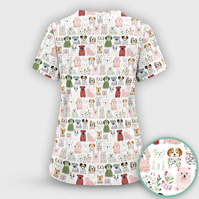 Cute Cartoon Dog Breeds Pattern Scrub Top, Comfortable Scrubs for Nurses