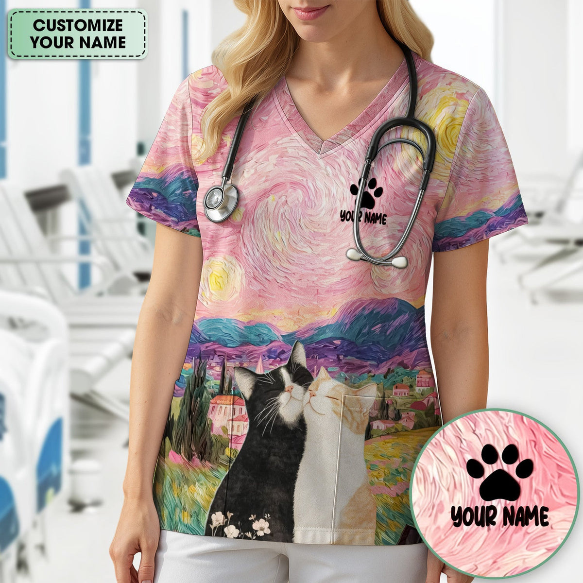 Personalized Cat Couple Sunset Swirl Sky Landscape Pattern Scrub Top, Comfortable Scrubs for Nurses