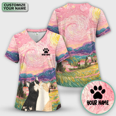 Personalized Cat Couple Sunset Swirl Sky Landscape Pattern Scrub Top, Comfortable Scrubs for Nurses