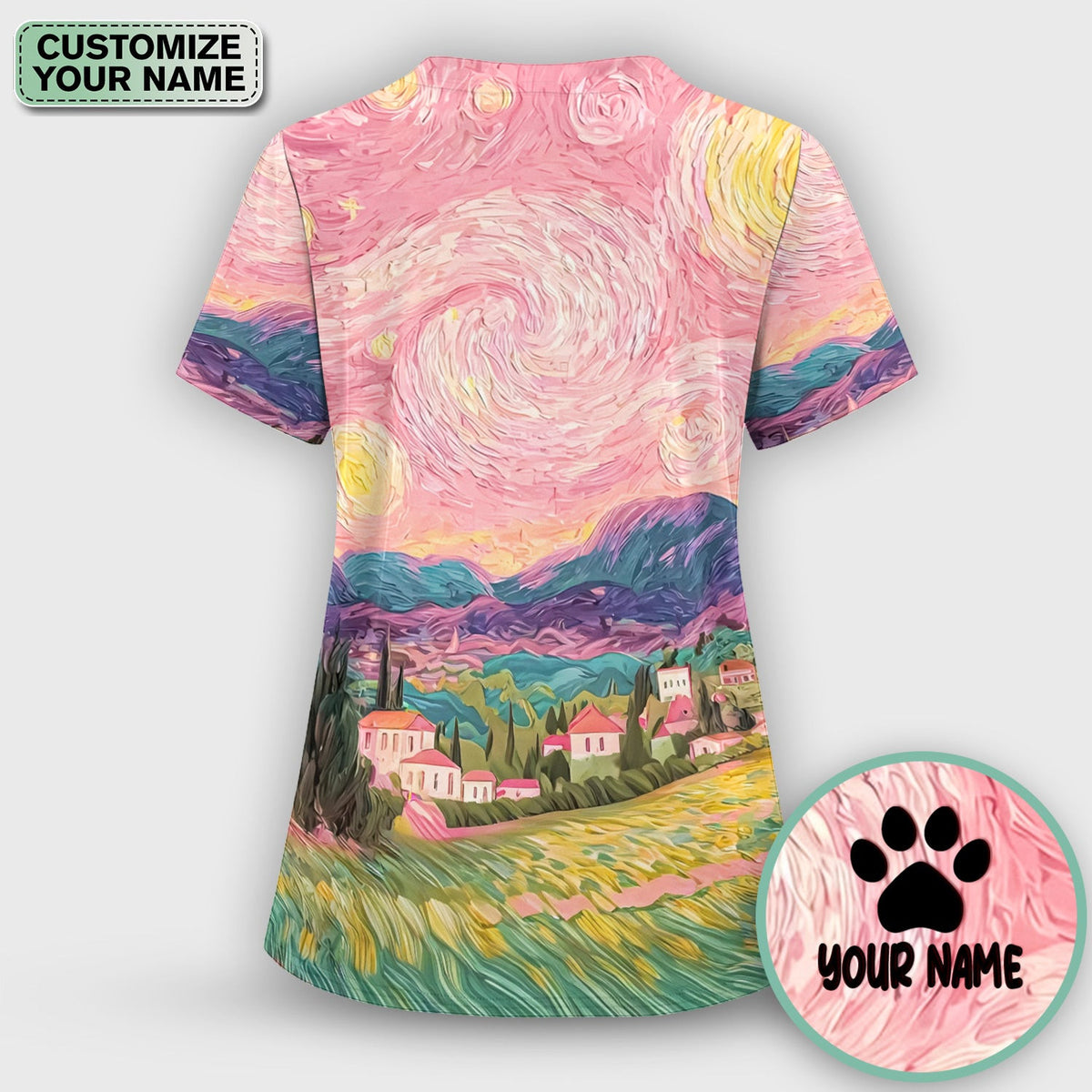 Personalized Cat Couple Sunset Swirl Sky Landscape Pattern Scrub Top, Comfortable Scrubs for Nurses
