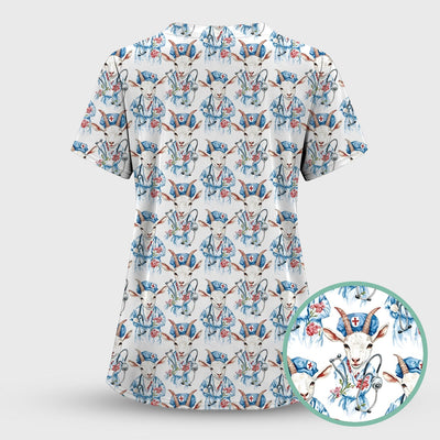 Cute Goat Animal Lover Pattern Scrub Top, Comfortable Scrubs for Nurses