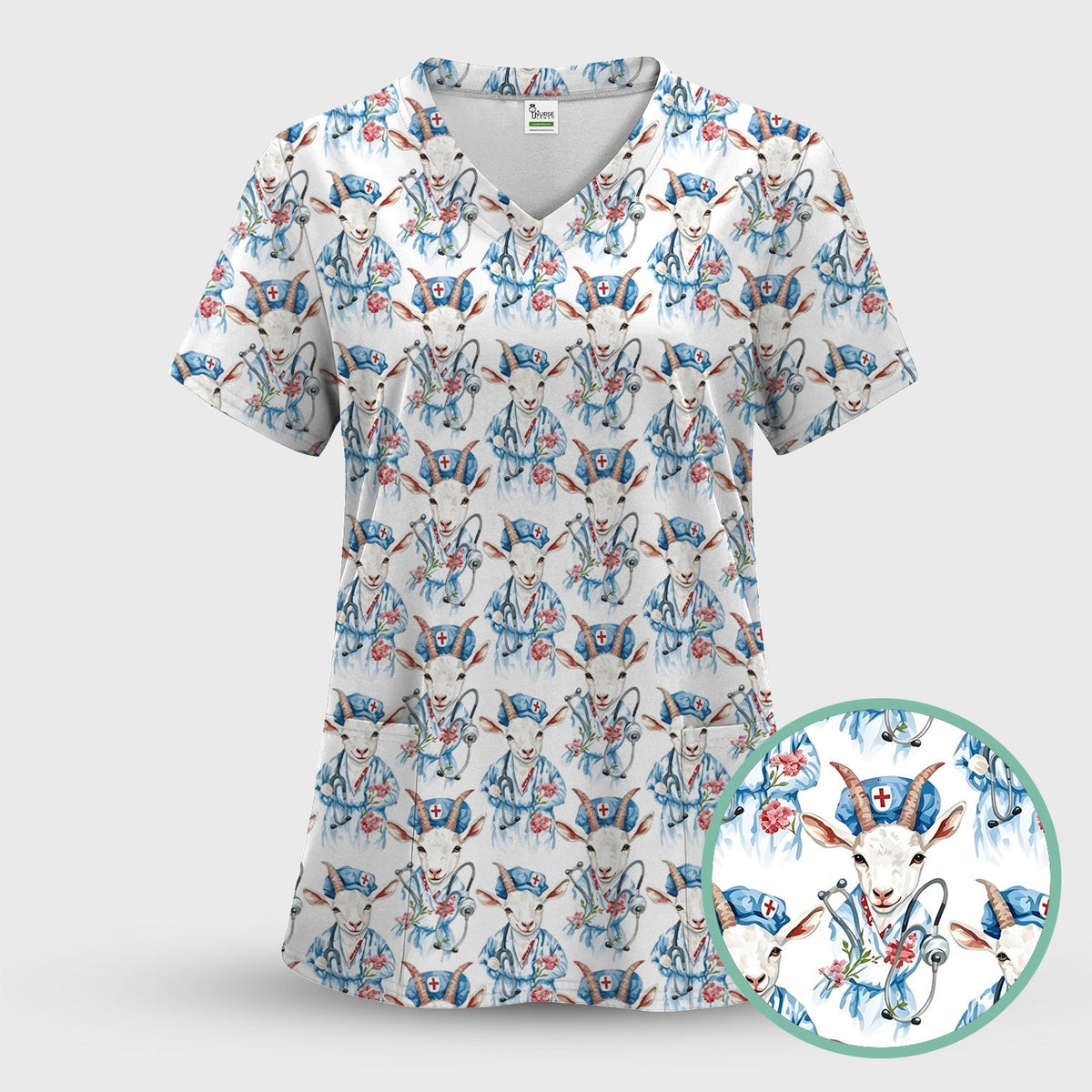 Cute Goat Animal Lover Pattern Scrub Top, Comfortable Scrubs for Nurses