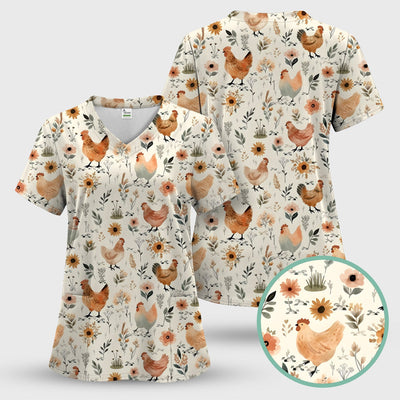Charming Chicken Floral Farm Pattern Scrub Top, Comfortable Scrubs For Nurses