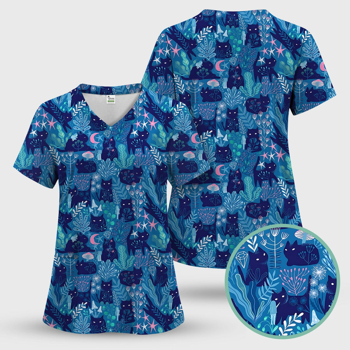 Adorable Celestial Cat Moon Star Pattern Scrub Top, Comfortable Scrubs For Nurses