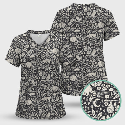 Woodland Animal Forest Pattern Scrub Top, Comfortable Scrubs for Nurses