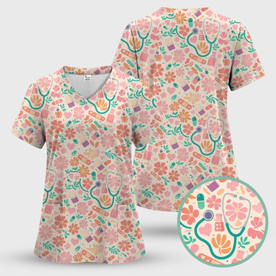 Cute Medical Floral Pattern Scrub Top, Comfortable Scrubs For Nurses