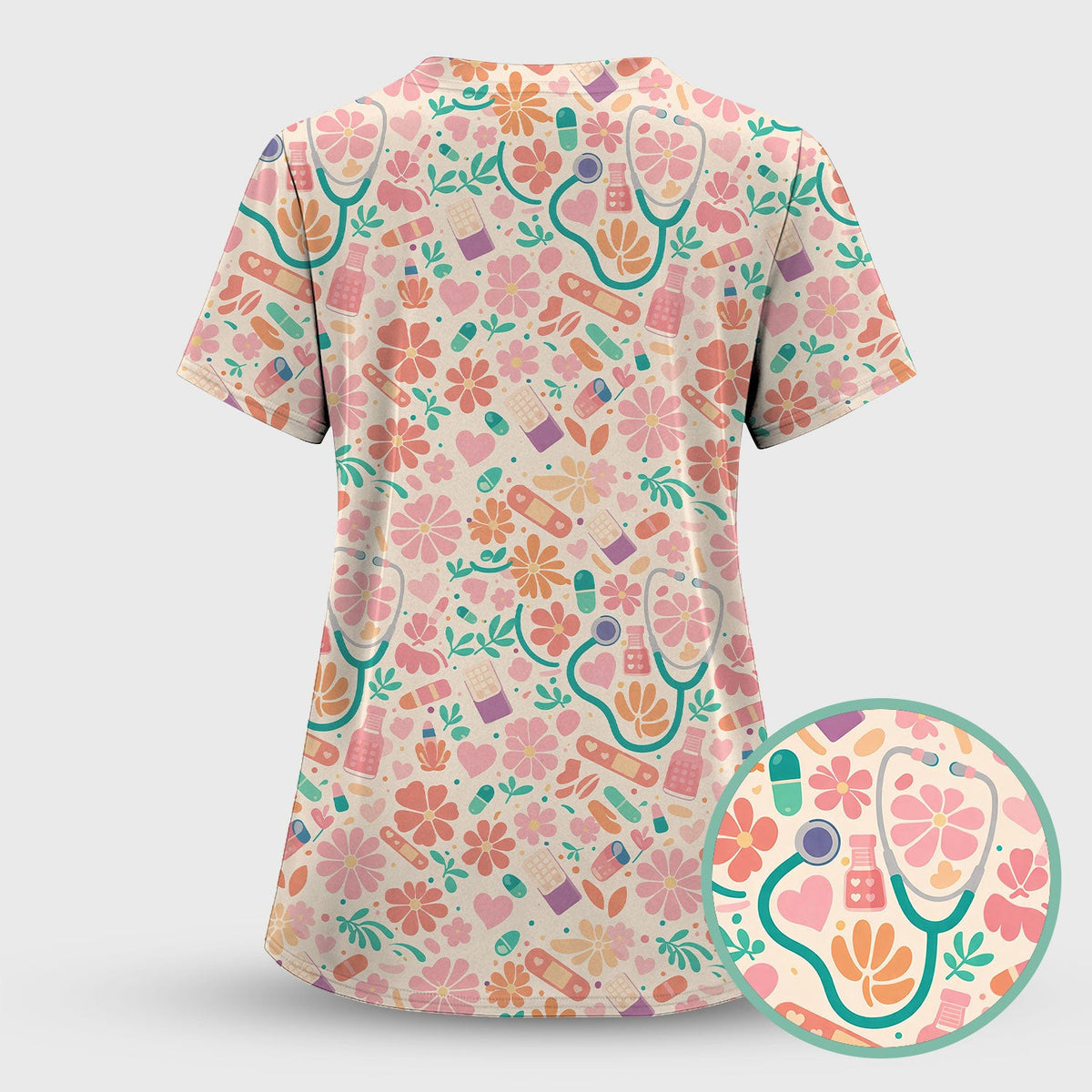 Cute Medical Floral Pattern Scrub Top, Comfortable Scrubs For Nurses