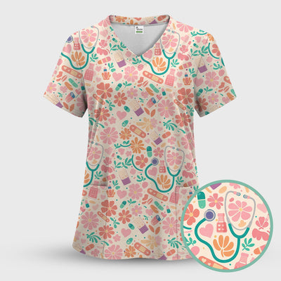 Cute Medical Floral Pattern Scrub Top, Comfortable Scrubs For Nurses