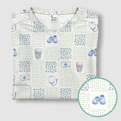 Cute Medical Essentials Pattern Scrub Top, Comfortable Scrubs for Nurses