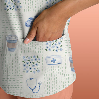 Cute Medical Essentials Pattern Scrub Top, Comfortable Scrubs for Nurses