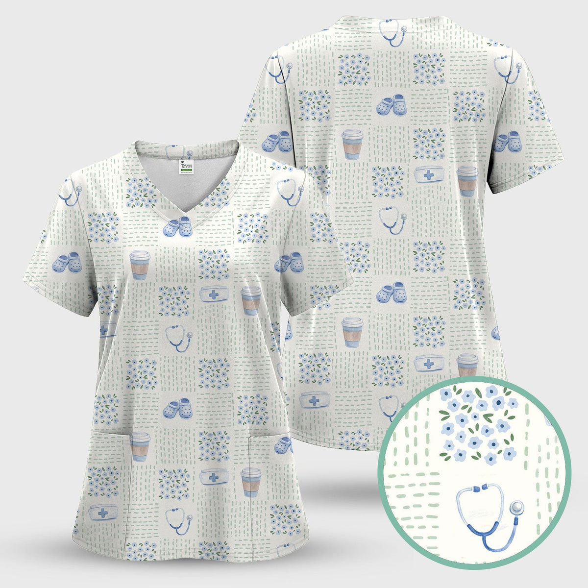 Cute Medical Essentials Pattern Scrub Top, Comfortable Scrubs for Nurses