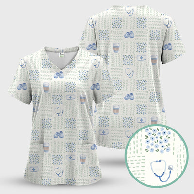 Cute Medical Essentials Pattern Scrub Top, Comfortable Scrubs for Nurses