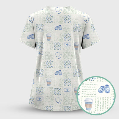 Cute Medical Essentials Pattern Scrub Top, Comfortable Scrubs for Nurses