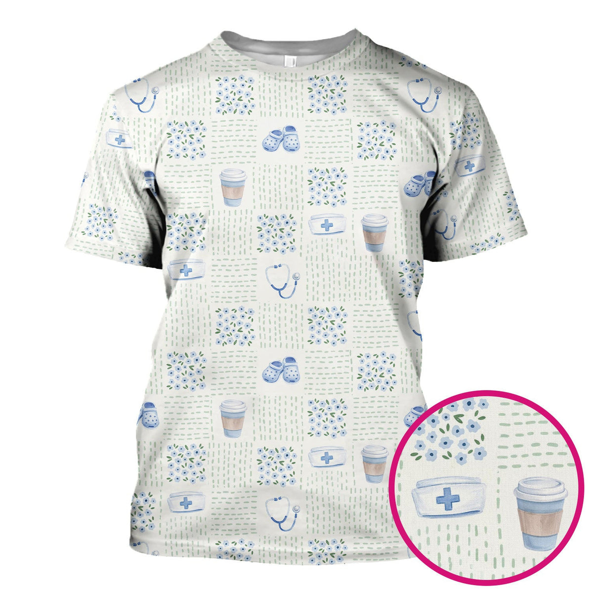 Cute Medical Essentials Pattern Scrub Top, Comfortable Scrubs for Nurses