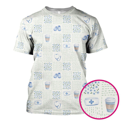 Cute Medical Essentials Pattern Scrub Top, Comfortable Scrubs for Nurses