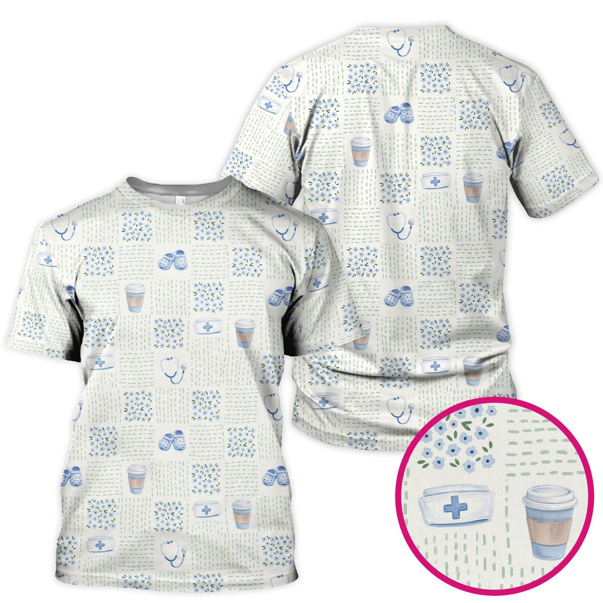 Cute Medical Essentials Pattern Scrub Top, Comfortable Scrubs for Nurses