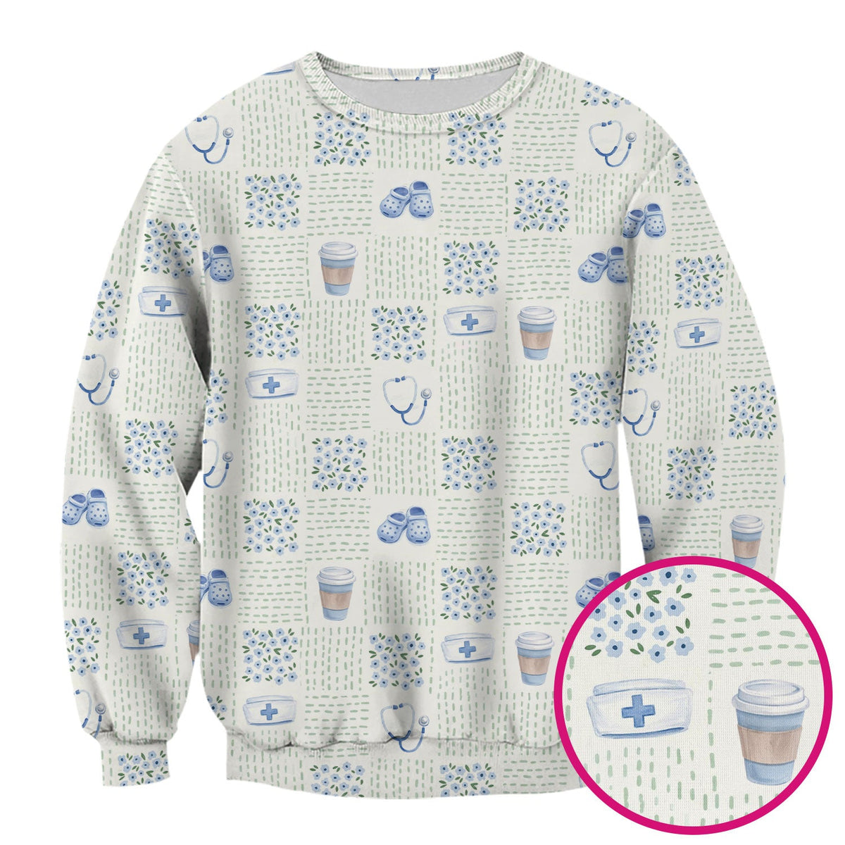 Cute Medical Essentials Pattern Scrub Top, Comfortable Scrubs for Nurses