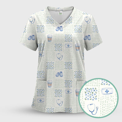 Cute Medical Essentials Pattern Scrub Top, Comfortable Scrubs for Nurses