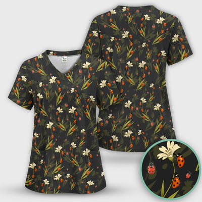 Fresh Daisy Ladybug Garden Pattern Scrub Top, Comfortable Scrubs For Nurses