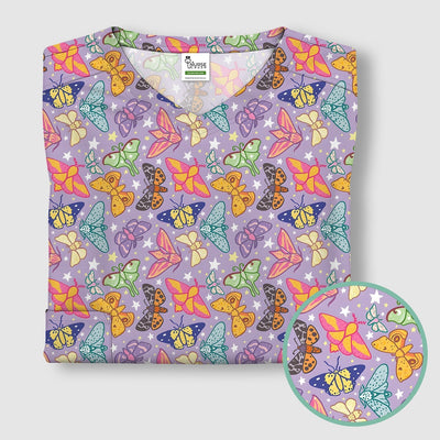 Colorful Butterfly Moth Pattern Scrub Top, Comfortable Scrubs for Nurses
