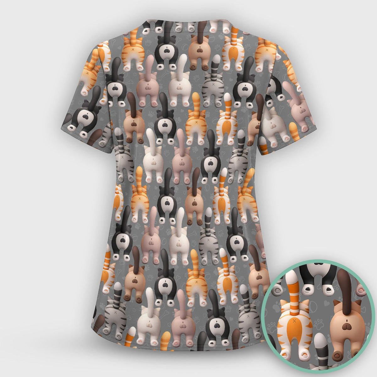 Funny Cat Butt Paw Print Pattern Scrub Top, Comfortable Scrubs for Nurses