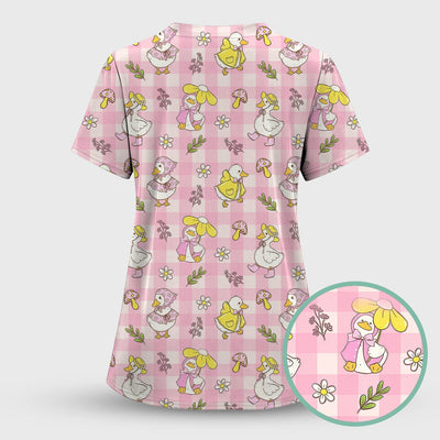 Cute Duck Outfit Gingham Pattern Scrub Top, Comfortable Scrubs for Nurses