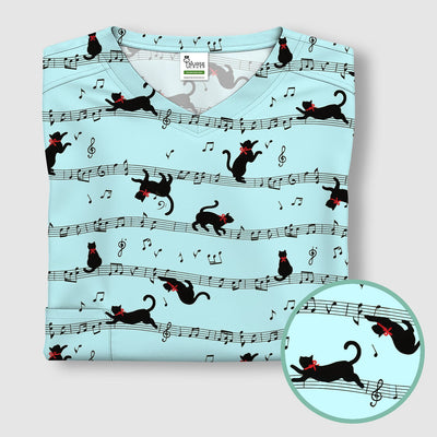 Cute Dancing Black Cat Music Staff Pattern Scrub Top, Comfortable Scrubs for Nurses