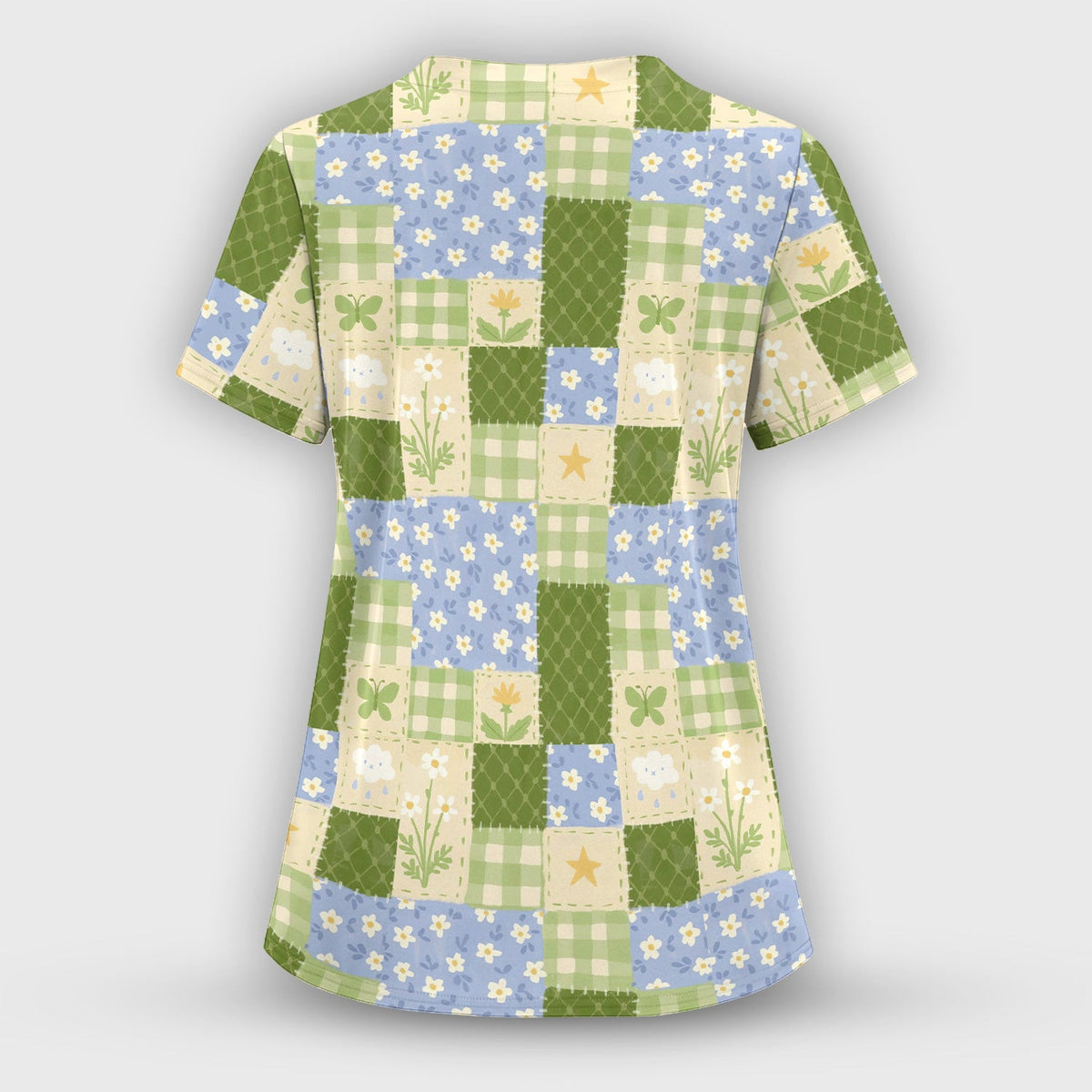 Green Patchwork Clover Floral Pattern Scrub Top, Comfortable Scrubs For Nurses